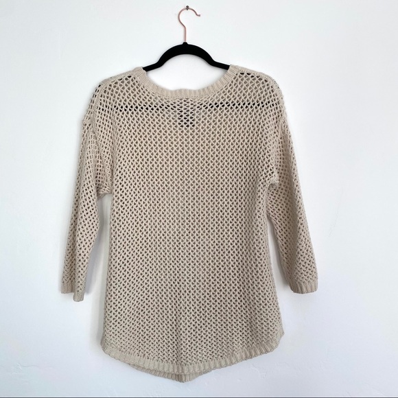 Chelsea & Theodore Beige Cream Open Knit 3/4 Sleeve Crewneck Round Hem Sweater - Picture 7 of 7